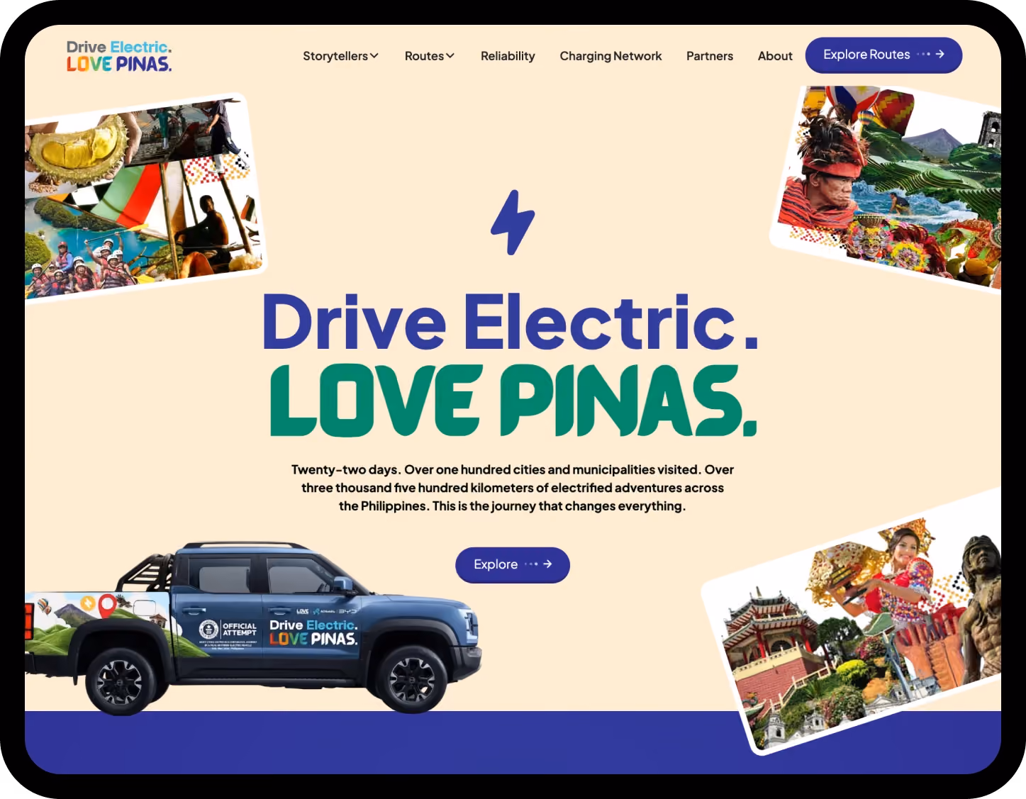 Widescreen screenshot of the Drive Electric. Love Pinas. campaign website built by Dthree Digital.