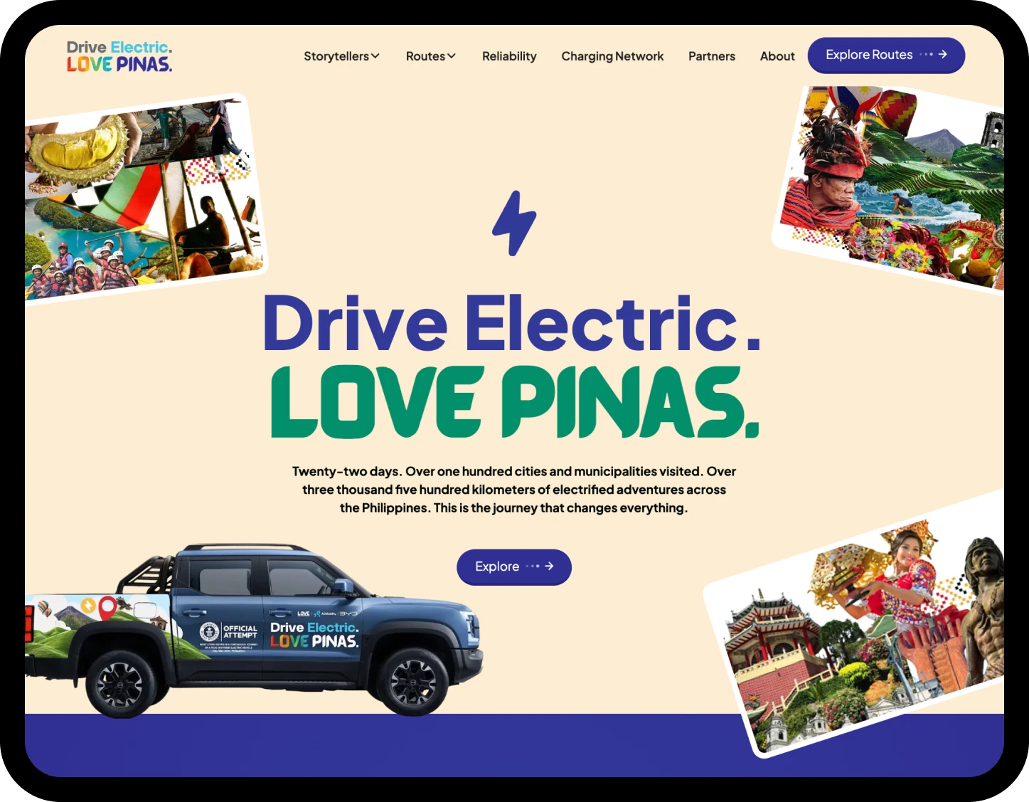 Widescreen screenshot of the Drive Electric. Love Pinas. campaign website built by Dthree Digital.