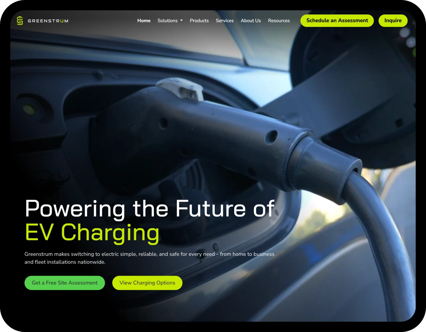 Widescreen screenshot of the Greenstrum EV charging website built by Dthree Digital.