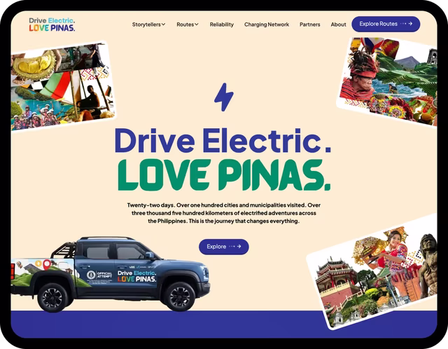 Widescreen screenshot of the Drive Electric. Love Pinas. campaign website built by Dthree Digital.