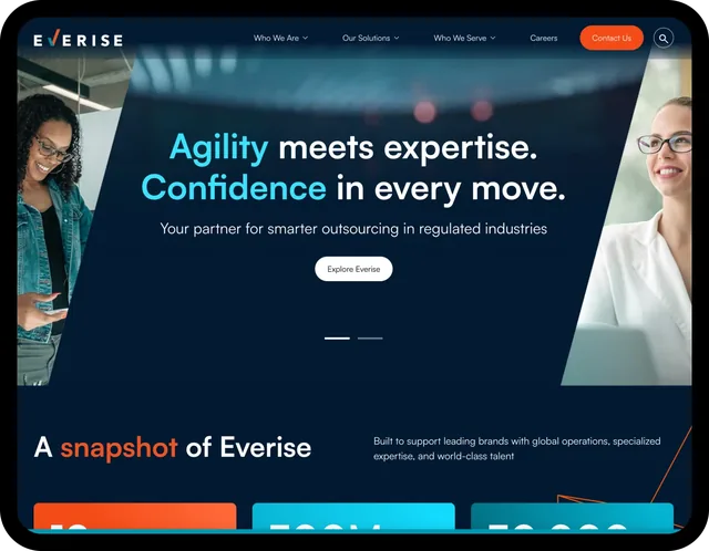 Widescreen screenshot of the Everise customer experience website built by Dthree Digital.