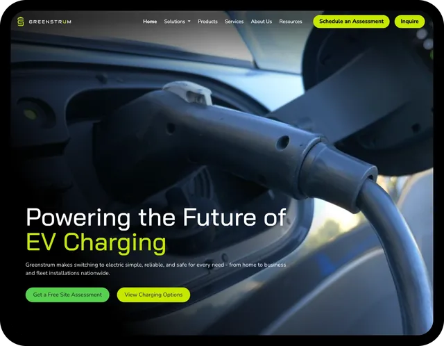 Widescreen screenshot of the Greenstrum EV charging website built by Dthree Digital.