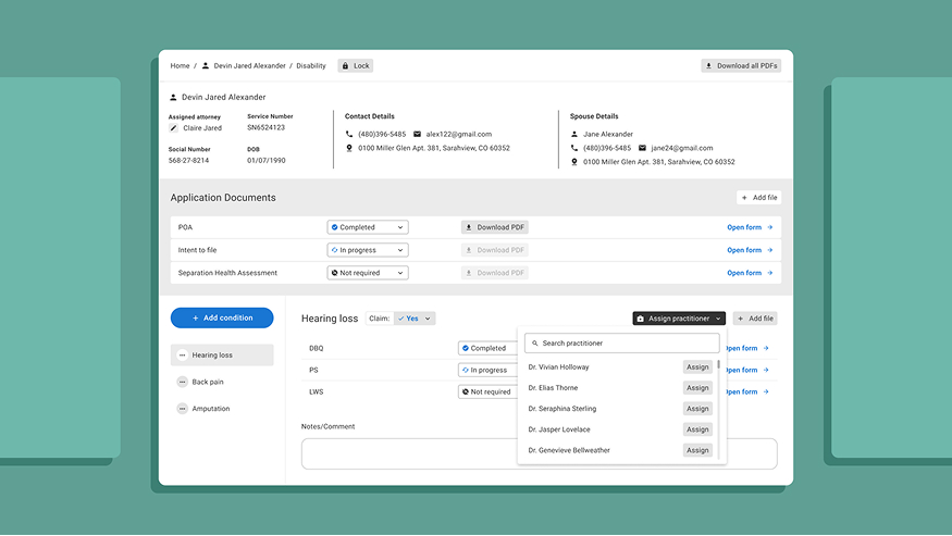 User interface for managing disability claims with applicant details, document status, and practitioner assignment.