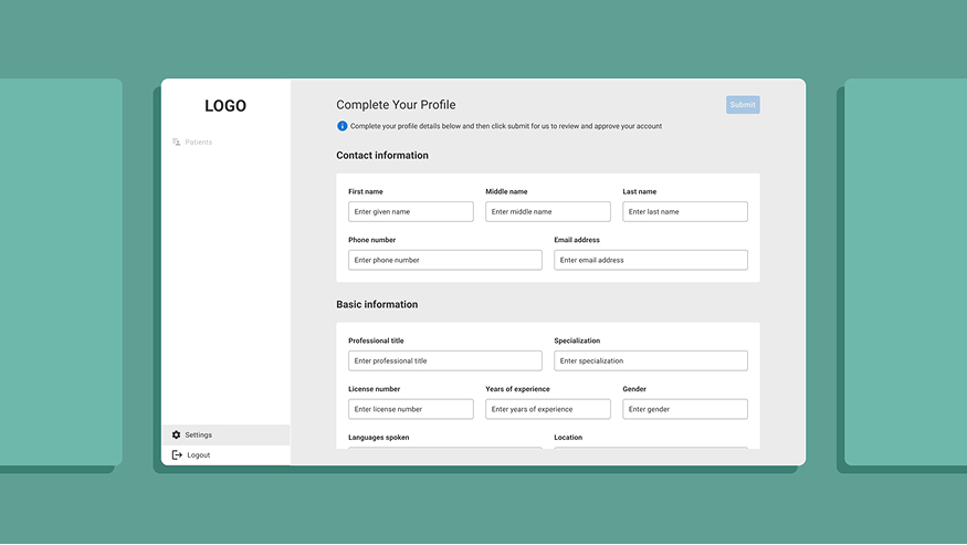 User profile form with fields for contact and basic information on a green background dashboard screen.