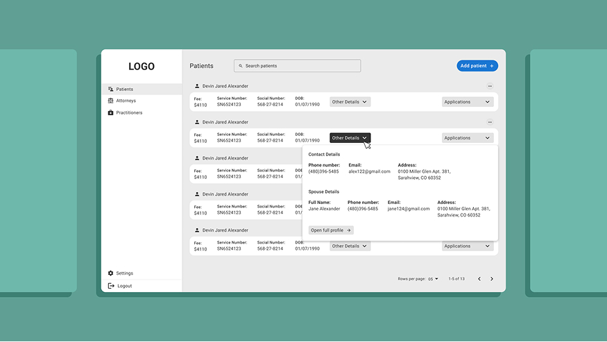 Patient management dashboard showing listed patients, search bar, details dropdown, and action buttons.