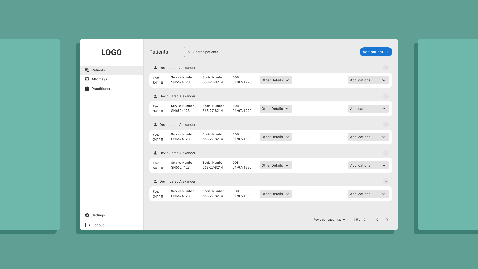User interface showing a patient list with identical records for Devin Jared Alexander and options to add patients.