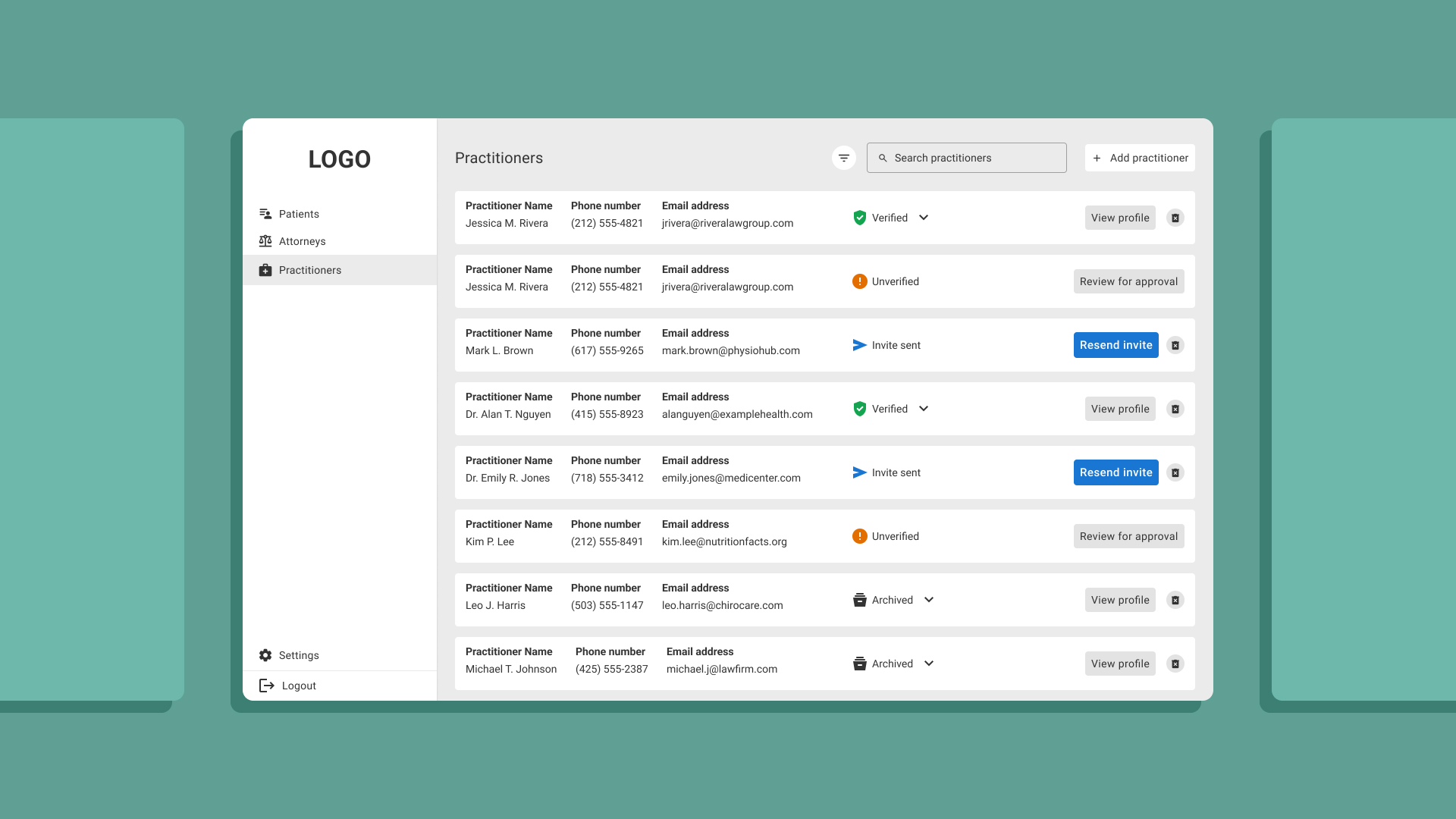 Practitioner management dashboard showing names, contact info, status, and action buttons in a list format.