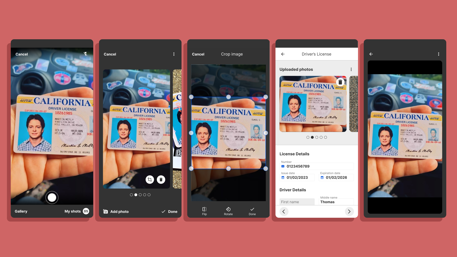 Sequence of smartphone screens showing capturing, editing, and uploading a California driver license photo.