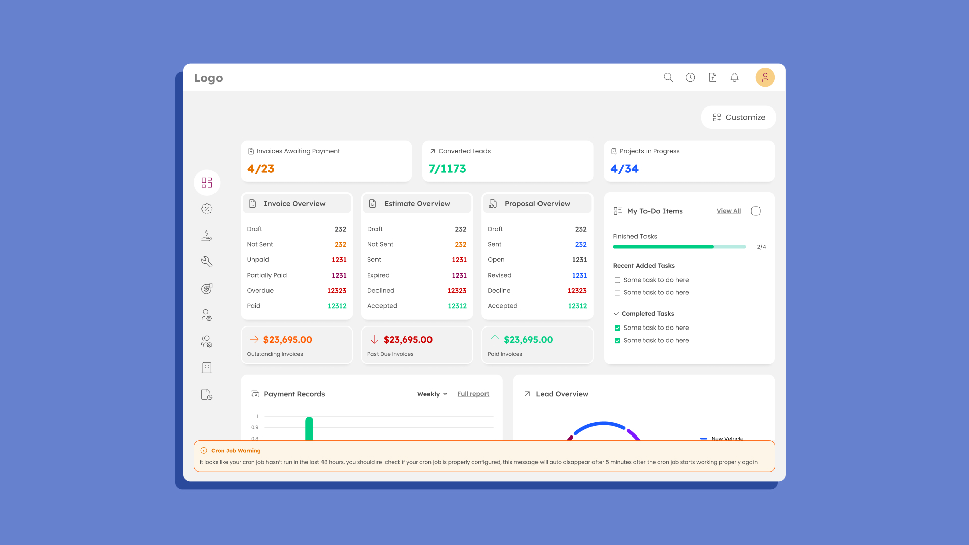 Main dashboard concept for the auto service shop management platform.