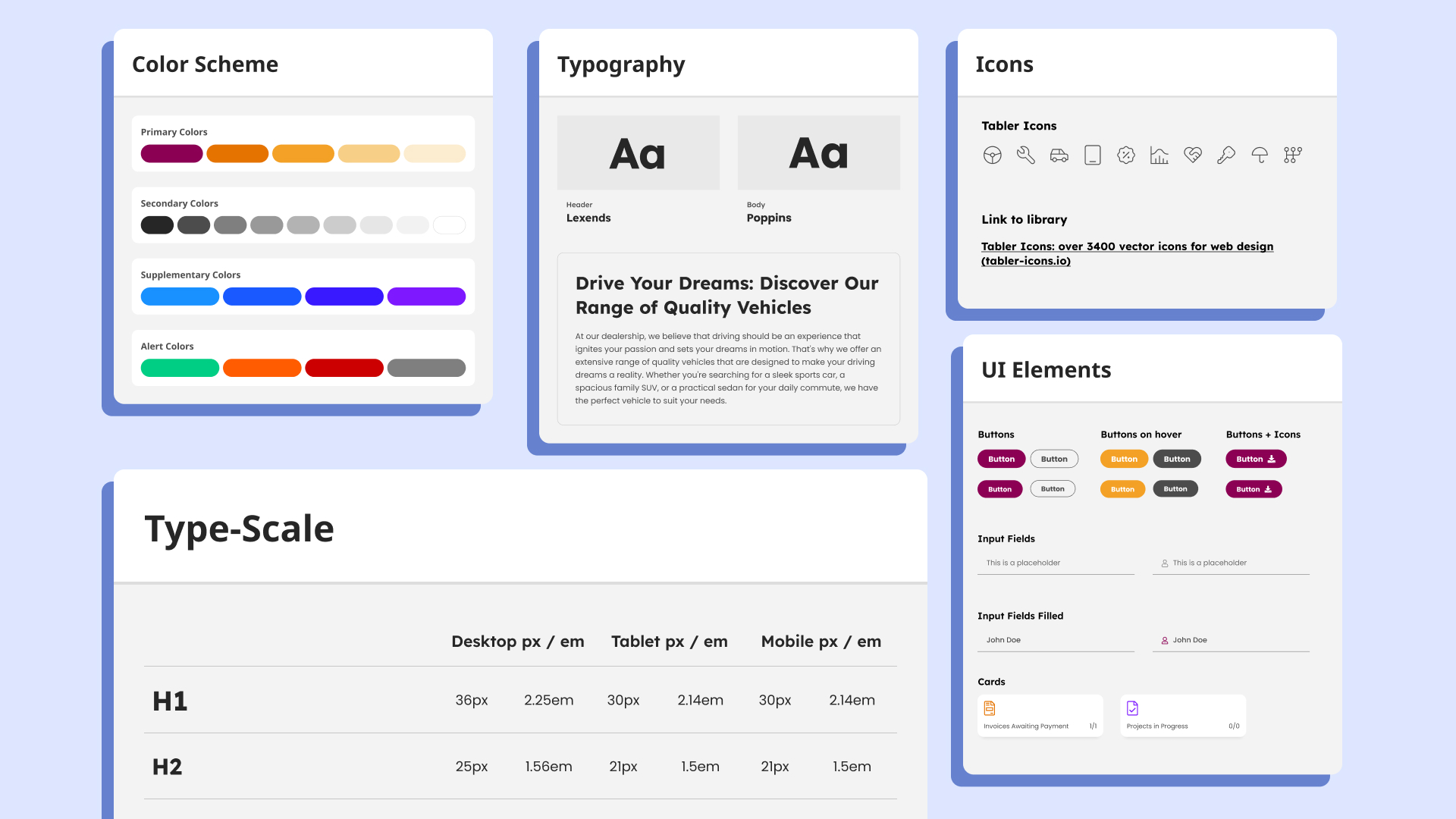 Style guide for the auto service platform: color scheme, typography, icons and UI elements.