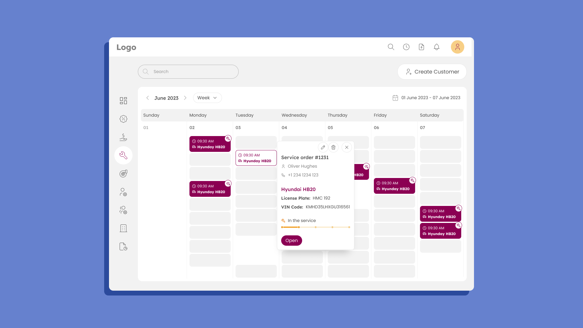 Weekly calendar with a service order popover showing customer, vehicle, license plate, VIN and status.