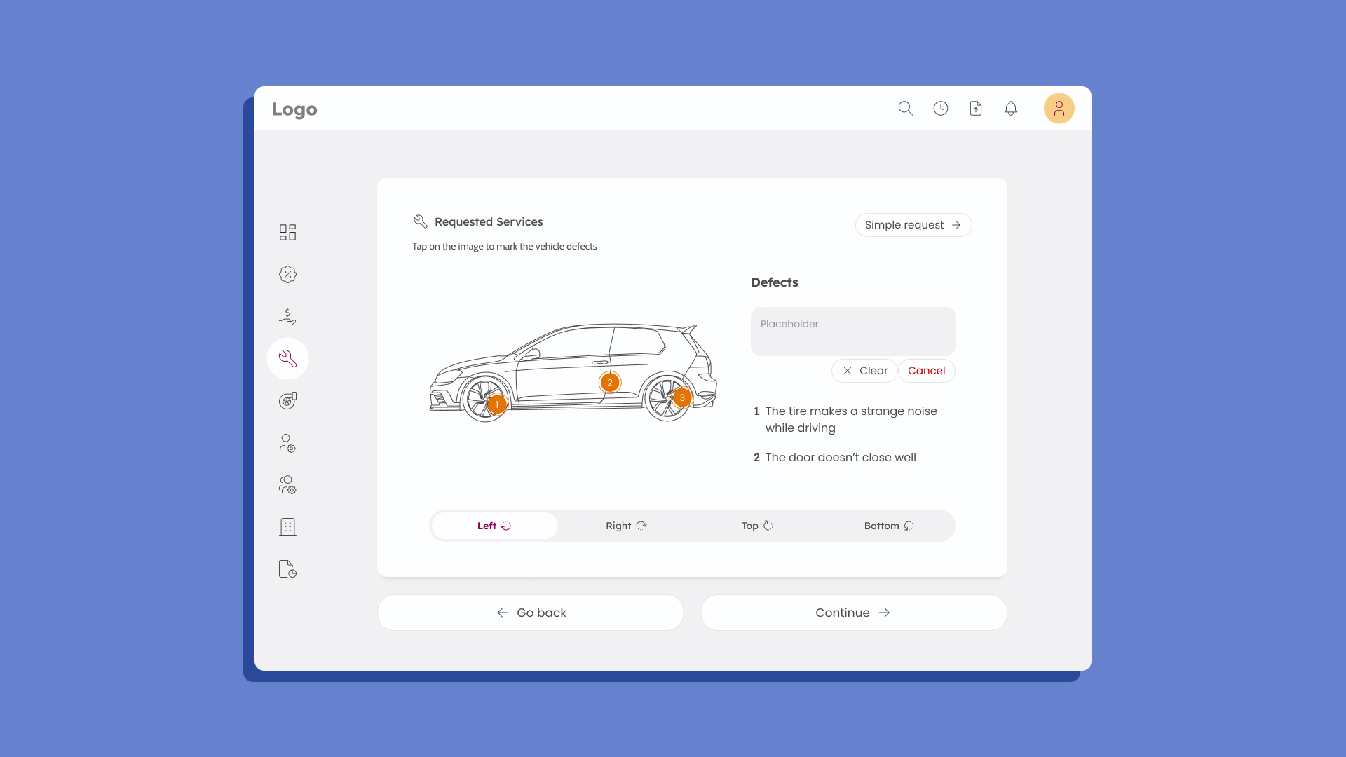 Requested services screen where customers add defects directly on a car illustration.