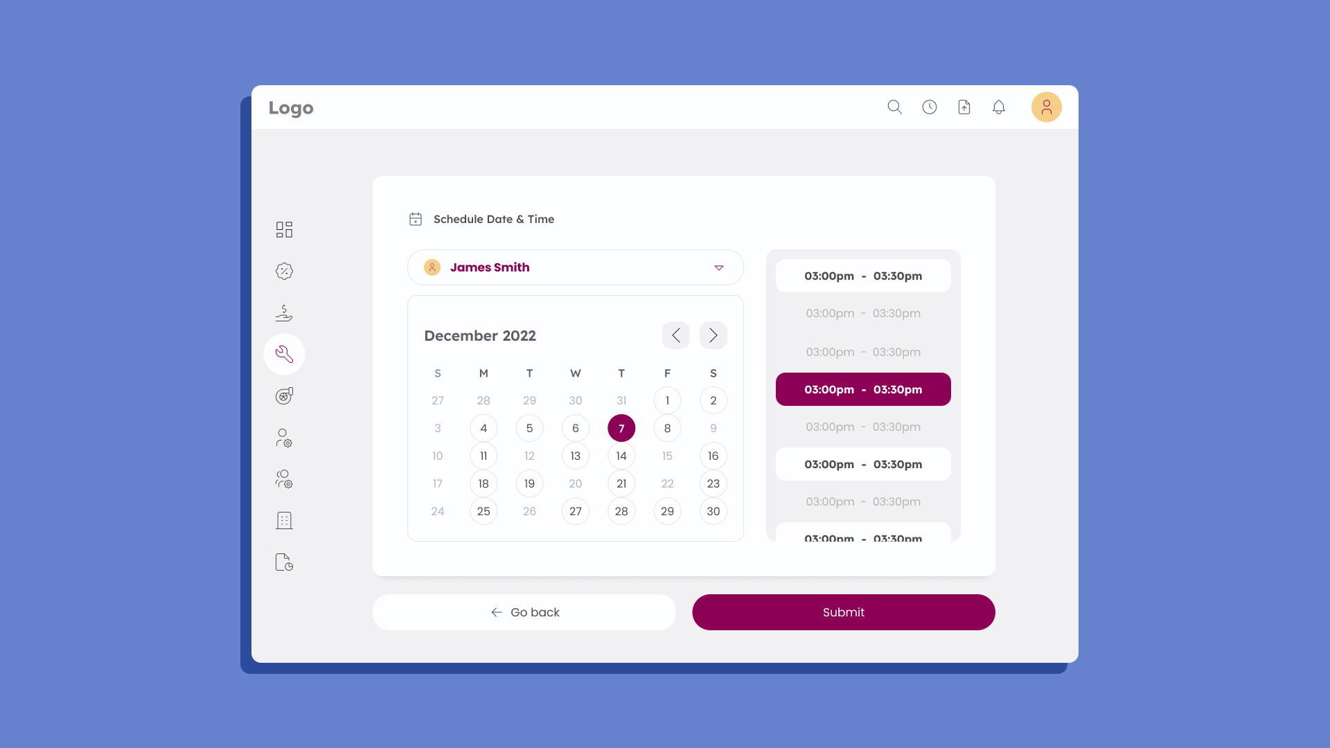 Appointment scheduling screen with a calendar date picker and available time slots.