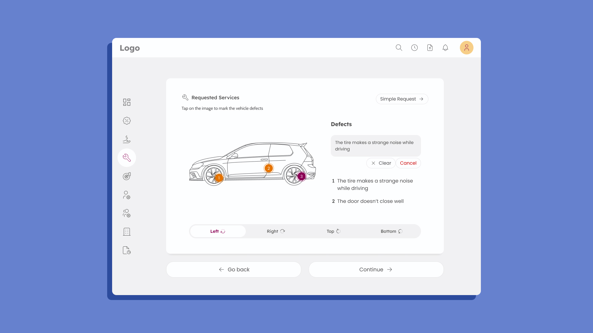 Visual defect reporting: typing a defect note on a marked spot of the car side view.