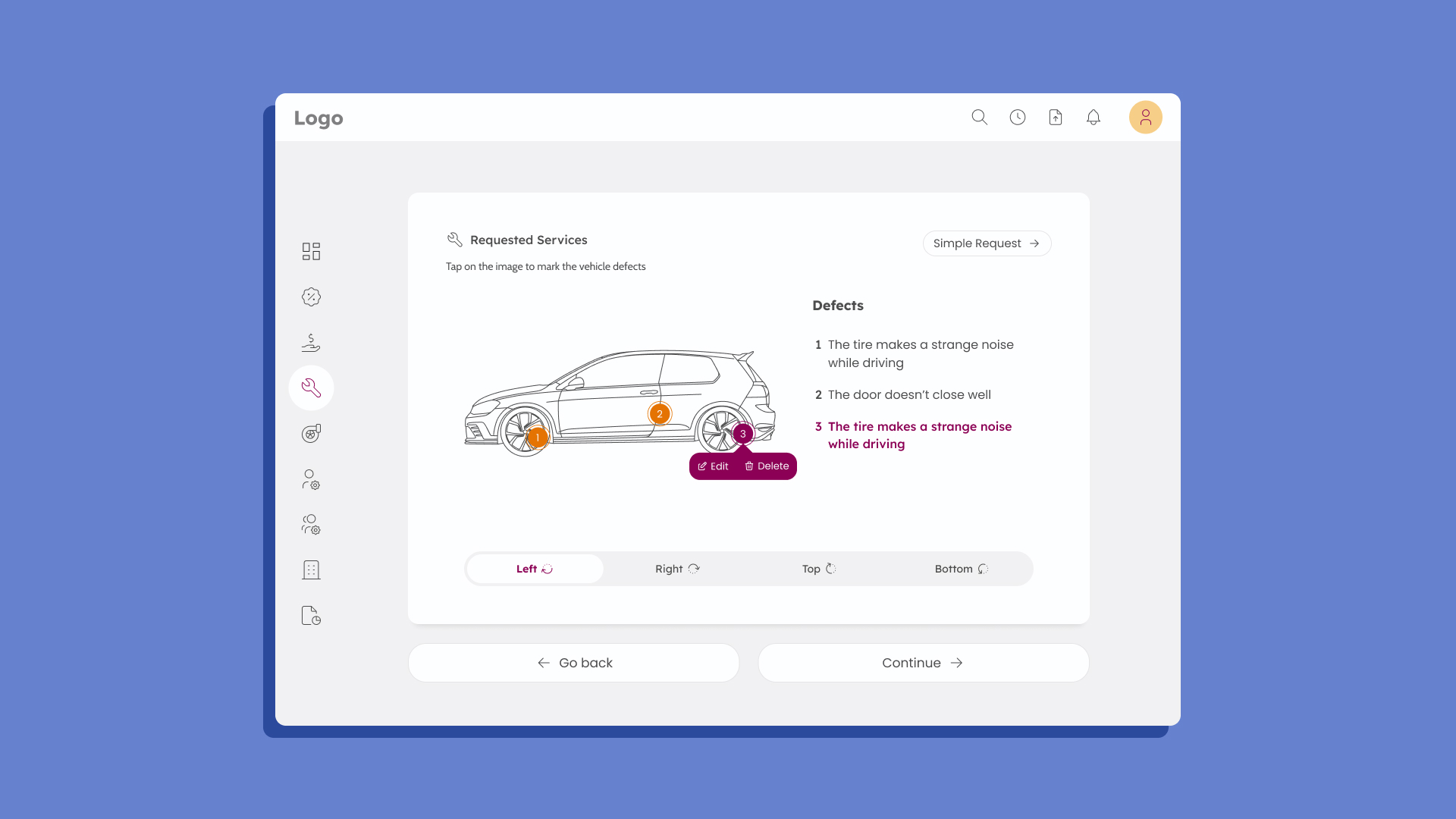 Defect list beside a car illustration, with a selected defect marker showing edit and delete options.