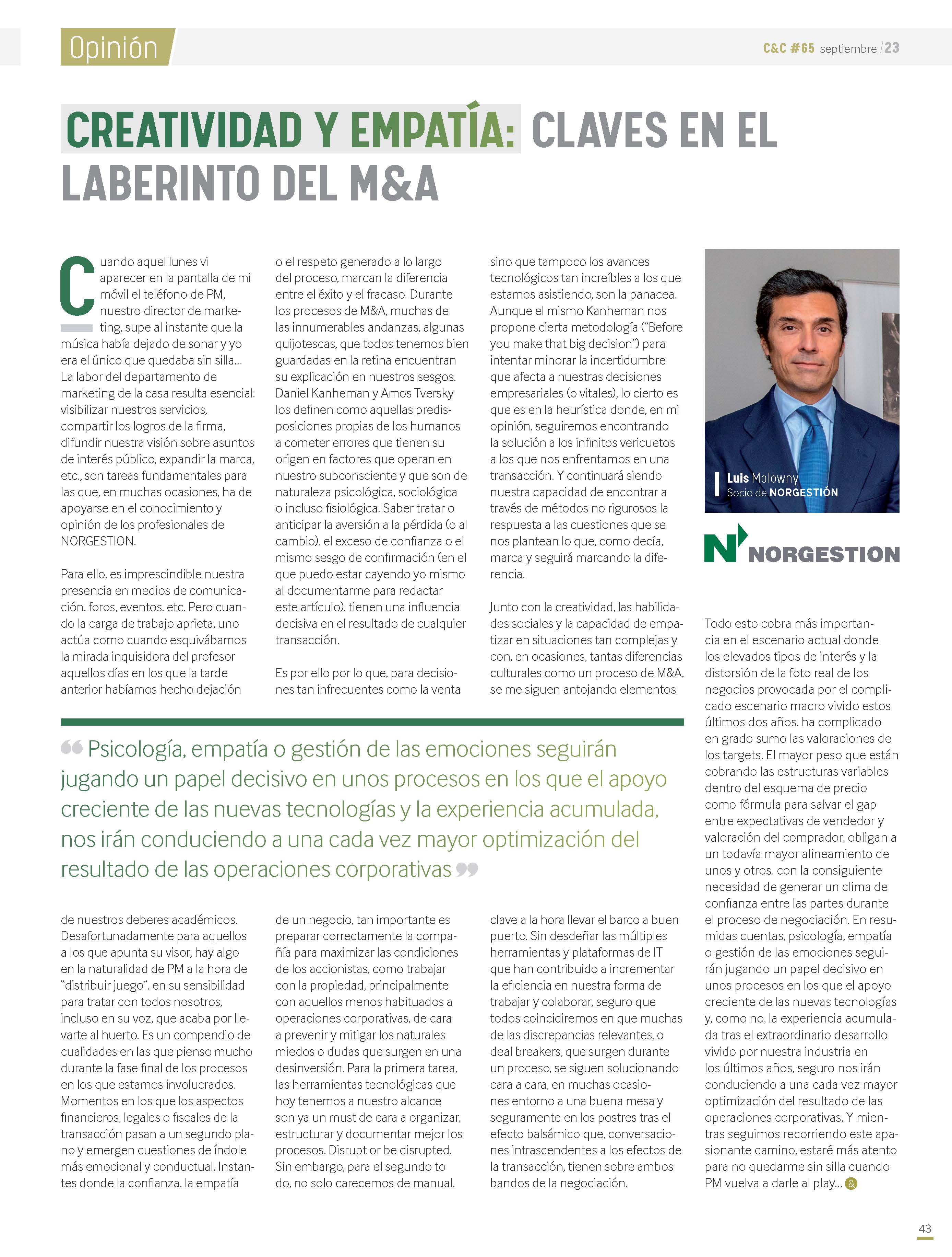 Creatividad y empatía, Luis Molowny socio NORGESTION Capital&Corporate Magazine