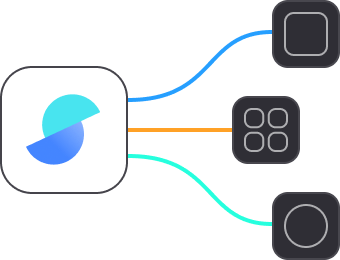 Diagram showing a central icon connected by three coloured lines to three separate square icons with different shapes inside.