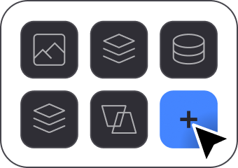 User interface panel with six dark icons representing image, layers, database, and add new item highlighted in blue with a cursor pointer.