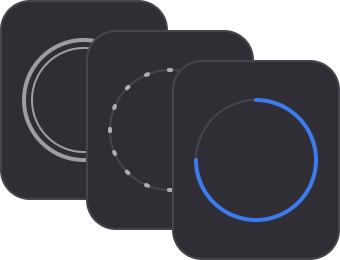 Three overlapping dark square cards each showing a different circular progress indicator with varying styles and completion levels.