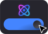 Toggle switch in the on position with a colorful atomic icon above it and a cursor pointer hovering over the toggle.