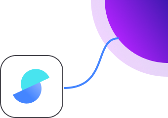 Stylized blue and turquoise connected circle logo with a curved blue line linking to a larger purple circle.
