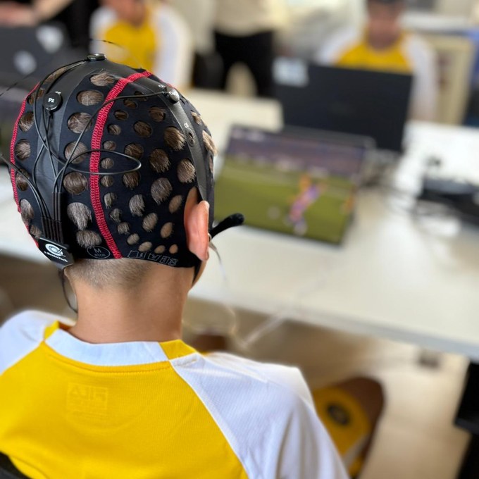 Close-up of the EEG headset sensors