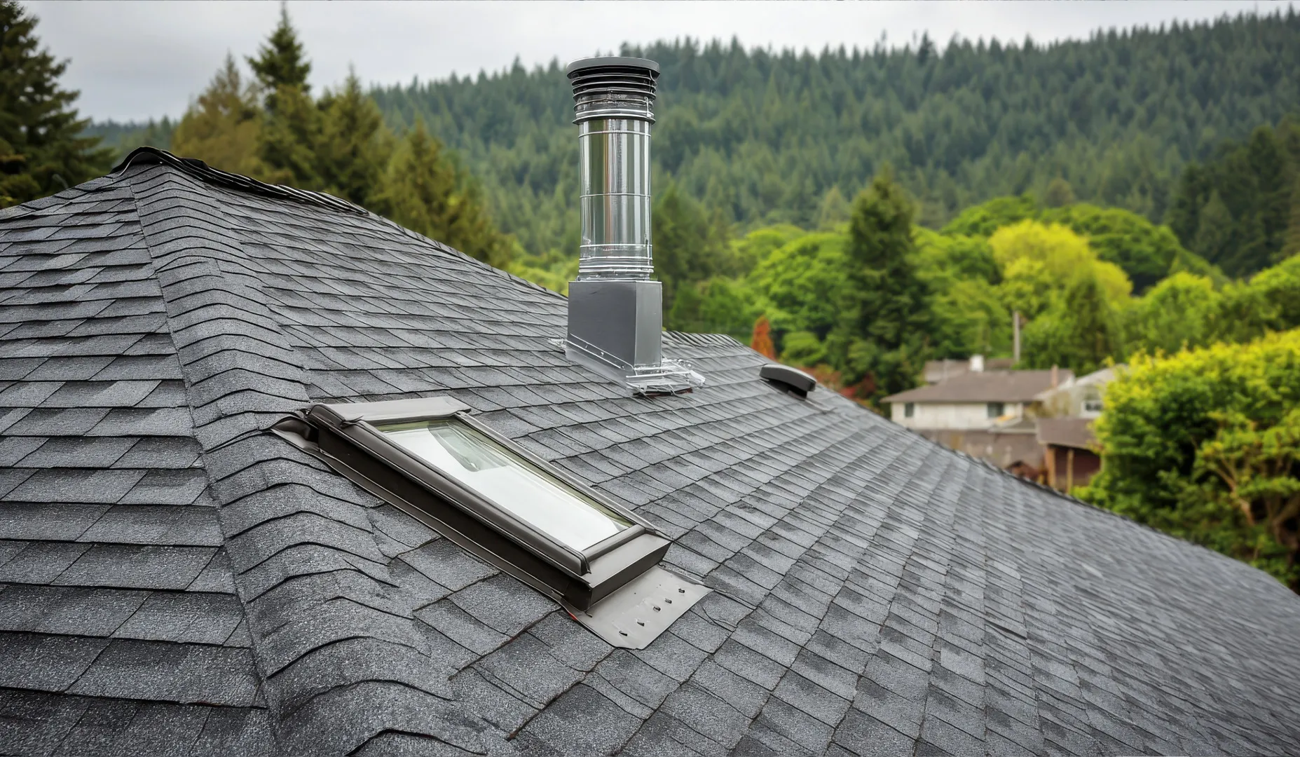 Light gray shingled roof with skylight and vent pipe, forest background