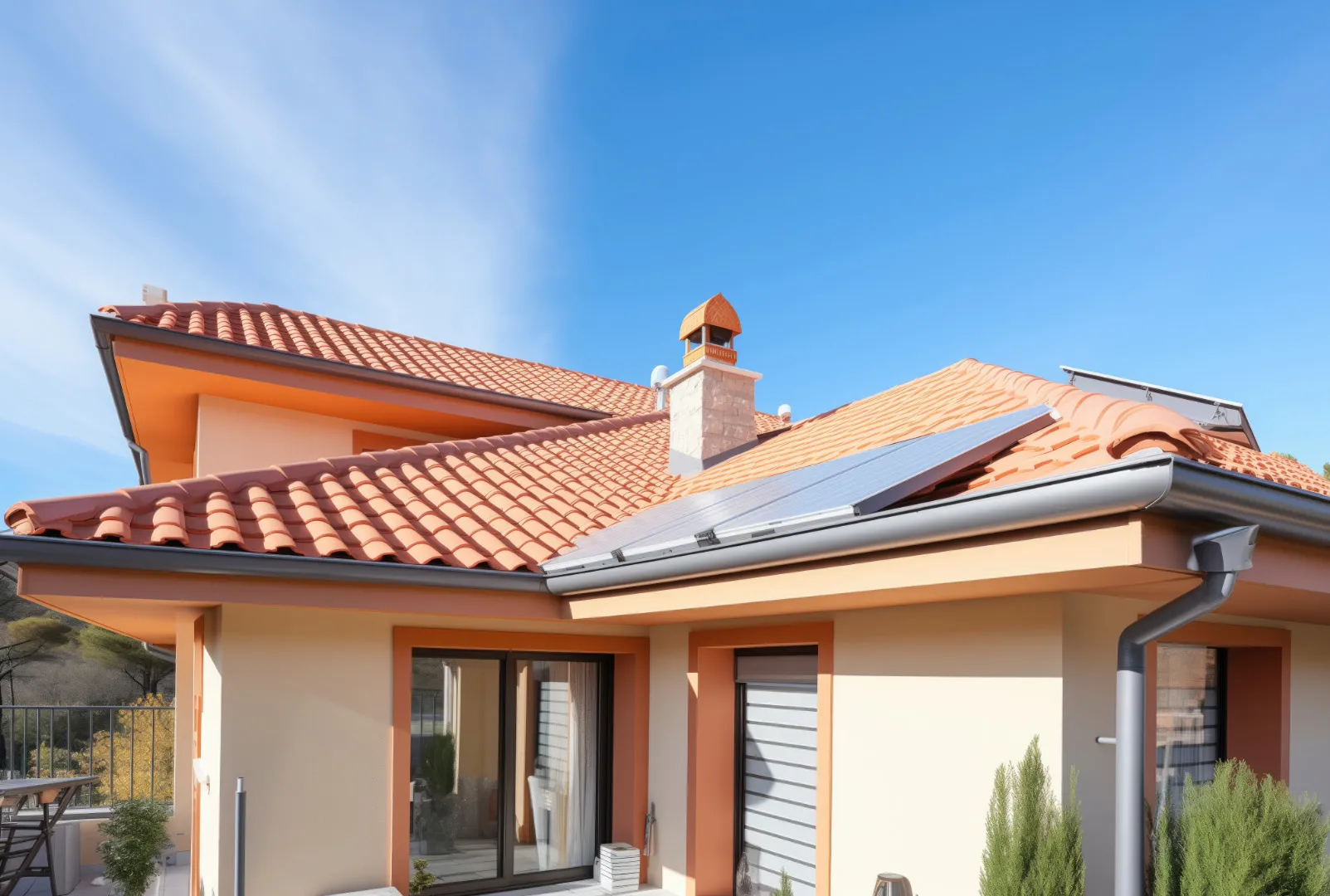 Modern house with terracotta roof and solar panel.