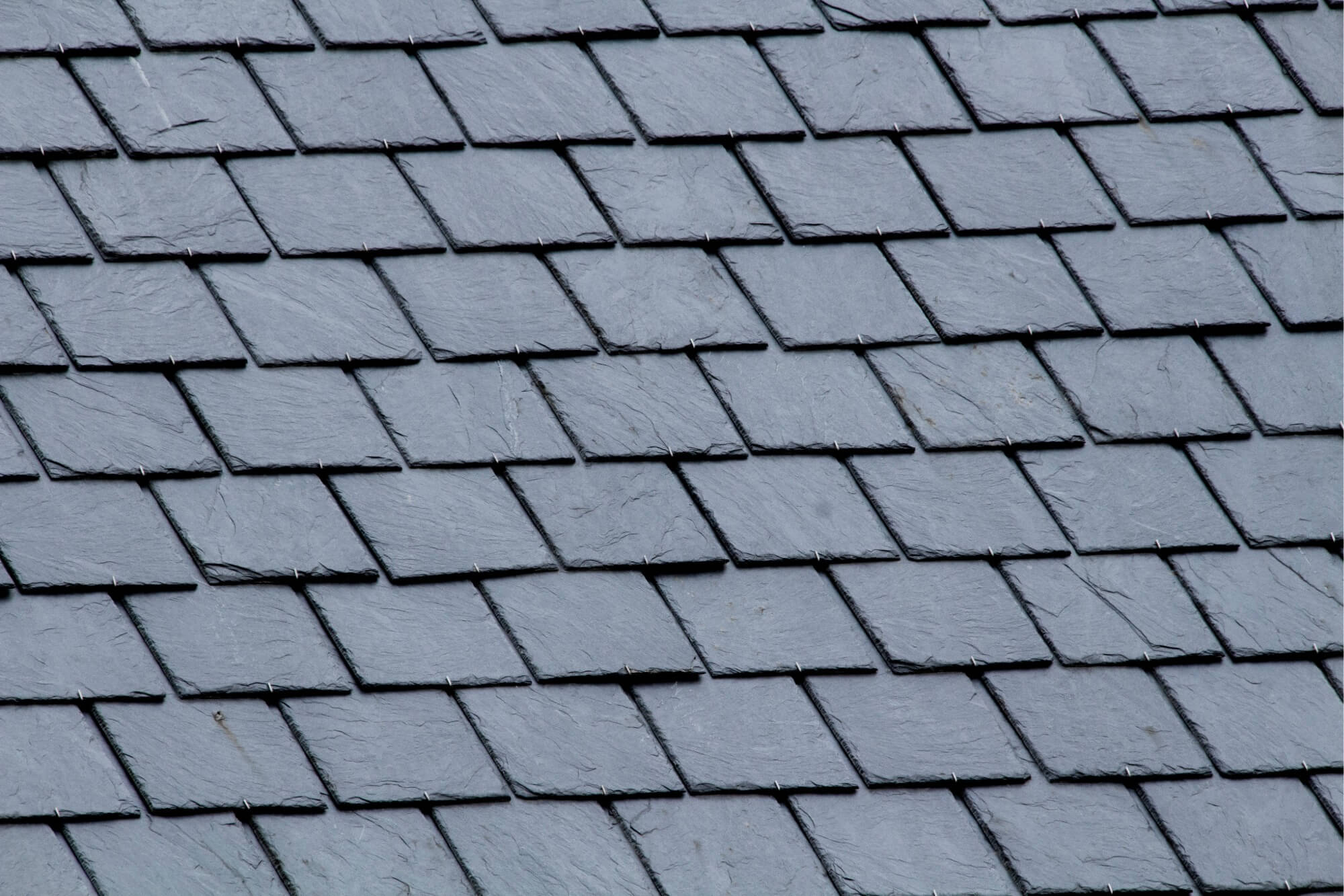Close-up of a gray slate roof with overlapping rectangular tiles.