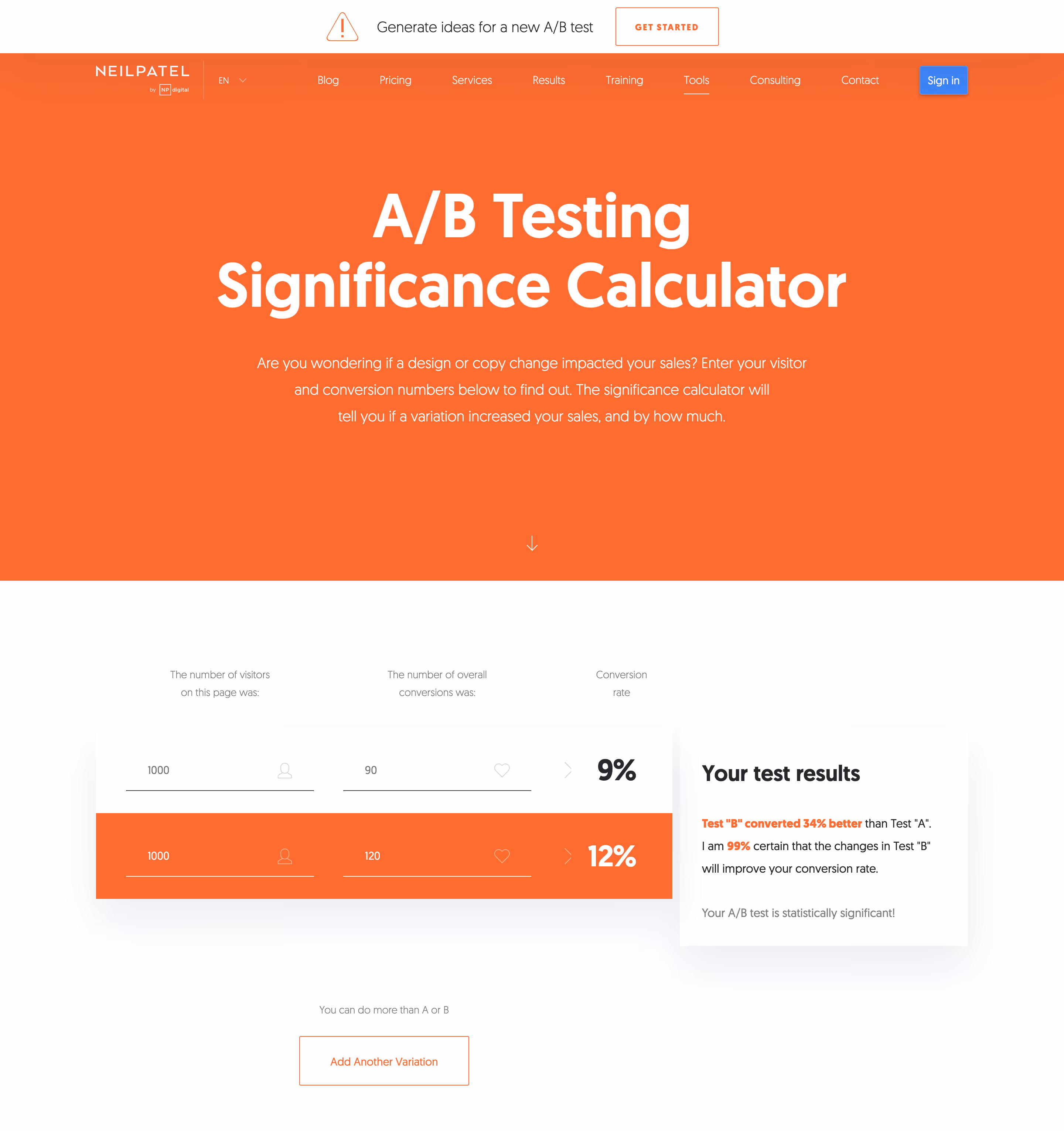 Neil Patel ab testing desktop screenshot