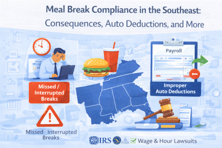 Most Southeast states including Alabama, Florida, Georgia, Louisiana, Mississippi, North Carolina, South Carolina, and Virginia do not require meal breaks for adult employees, while Kentucky and Tennessee have specific meal break requirements. Automatic lunch deduction policies are not illegal but create significant wage and hour liability when employees work through breaks or are interrupted, with recent violations resulting in penalties exceeding $200,000 for individual employers. Employers must ensure employees are completely relieved of all duties during unpaid meal breaks, implement reporting mechanisms for missed breaks, and train supervisors to identify compliance failures. Employers using automatic deductions should audit timekeeping data regularly and consider requiring employees to clock out and back in for meal breaks to ensure accurate payment for all hours worked.