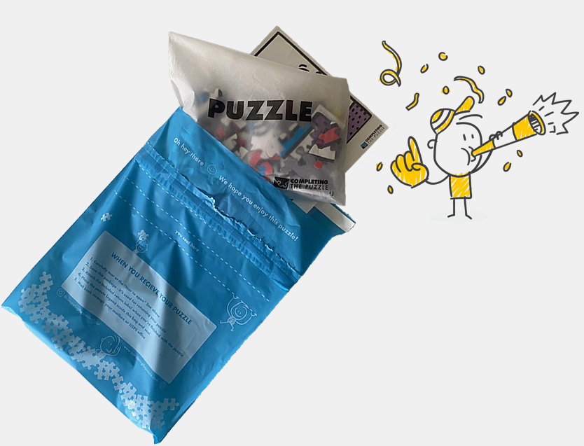 Blue mailer with puzzle bag coming out and stick figure in yellow blowing horn with confetti