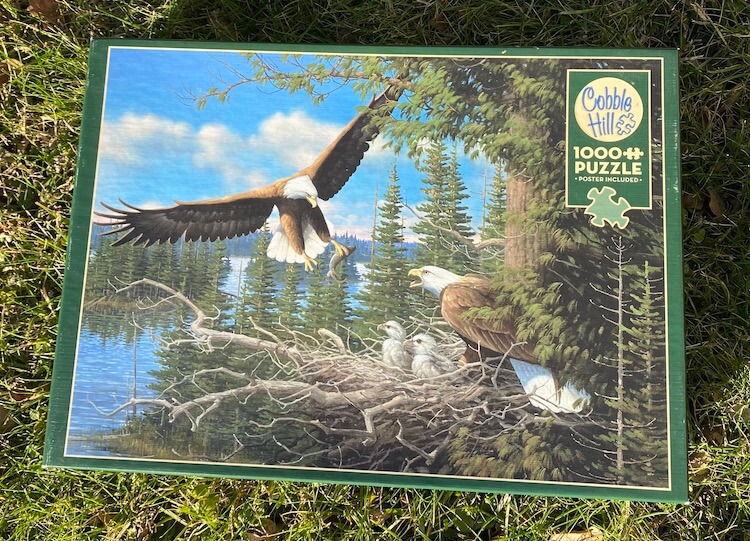 Puzzle box lid of an eagle landing on a nest of eagles