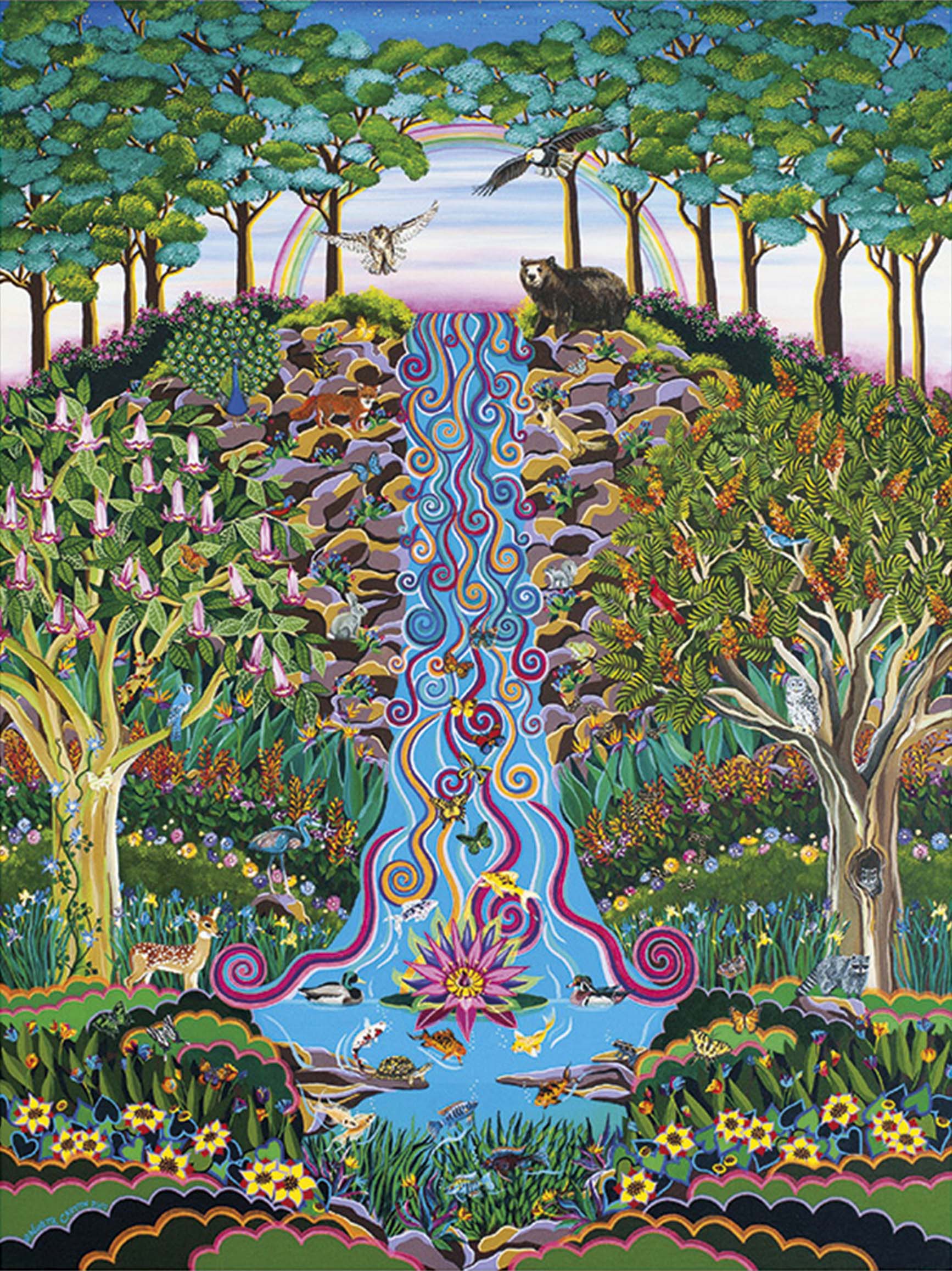 Abstract picture of a colorful waterfall with a rainbowand animals alongside and in the waterfall