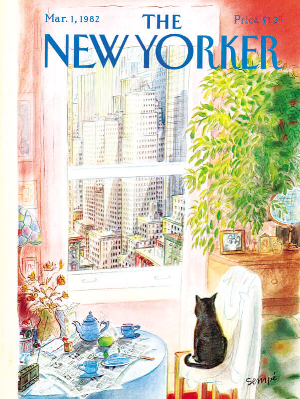 New Yorker Magazine cover of a cat sitting on a dining chair looking out a window into a city