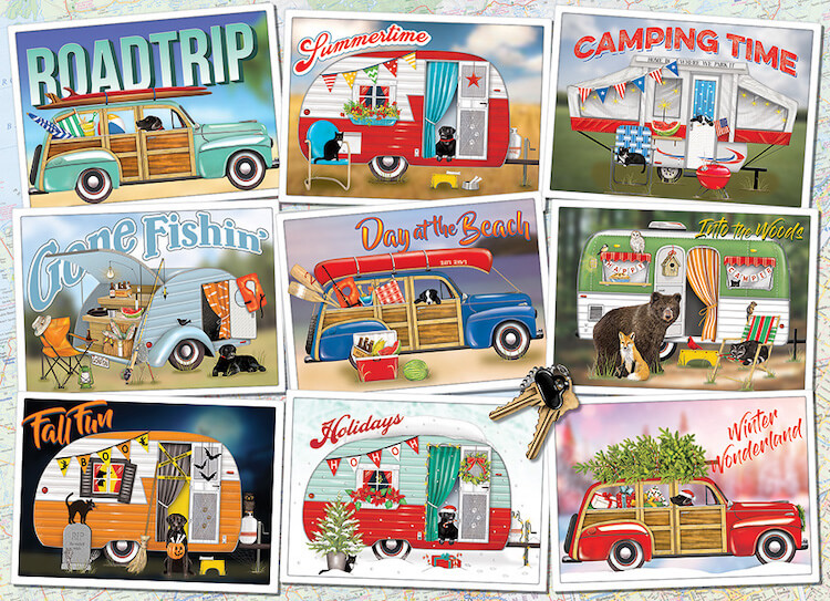 Collage puzzle with 9 squares each with a car or camper showing a scene of a trip