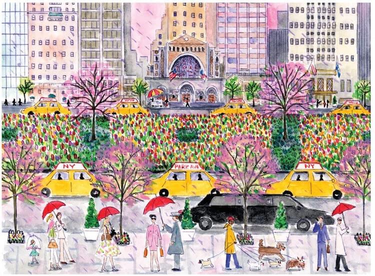 Puzzle picture of a spring day on Park Avenue in New York City with Grand Central Station in the background, pink trees blooming, taxis on the street, and people holding umbrellas