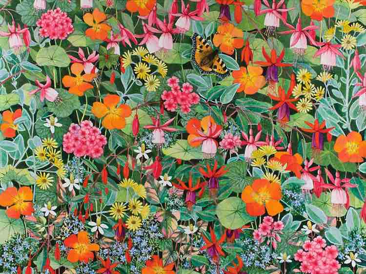 Green leaves with orange, pink, yellow, and red flowers and an orange butterfly