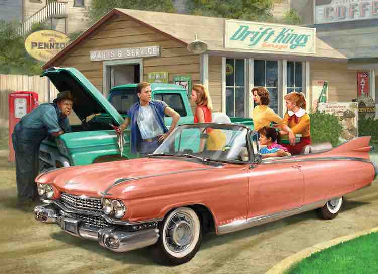 An old wood building called "Drift Kings" with a green truck and a mechanic working on it and a pink convertible cadillac outside