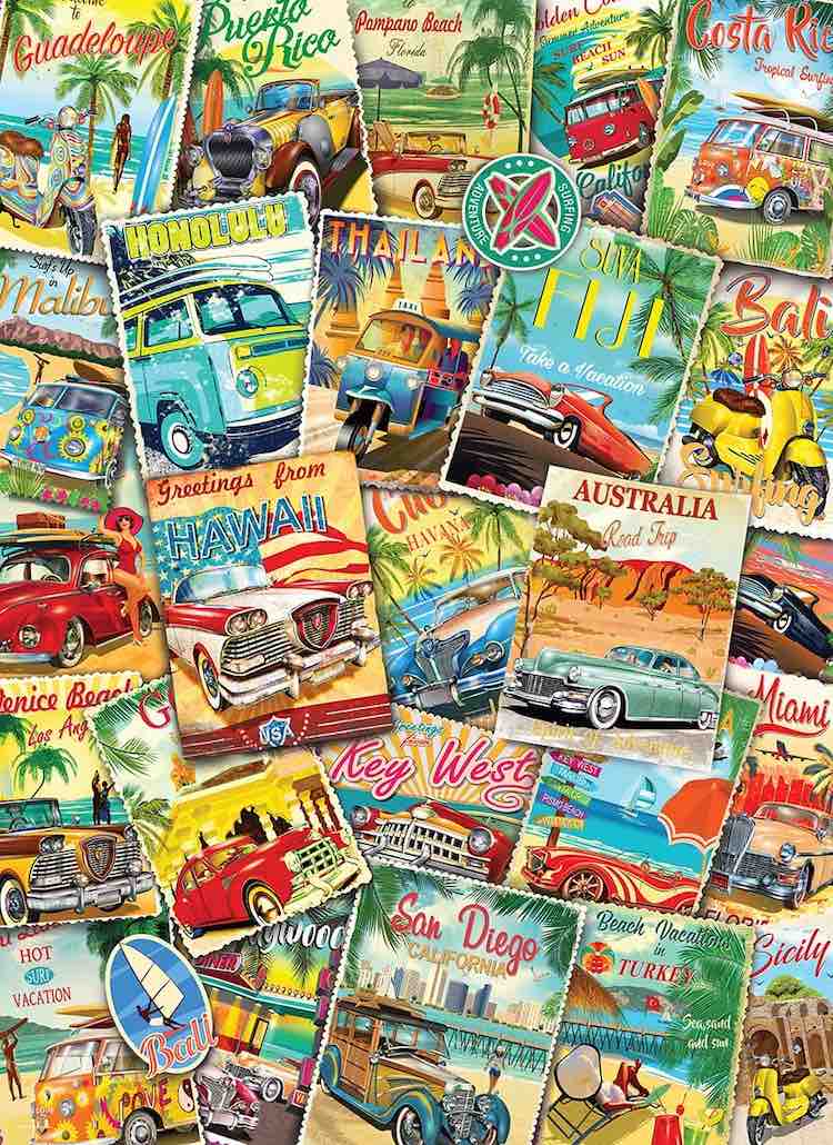 Collage image of postcards from tropical destinations