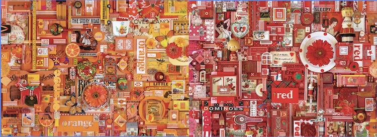Orange puzzle image of various orange items on the left and Red puzzle image with various red items on the right