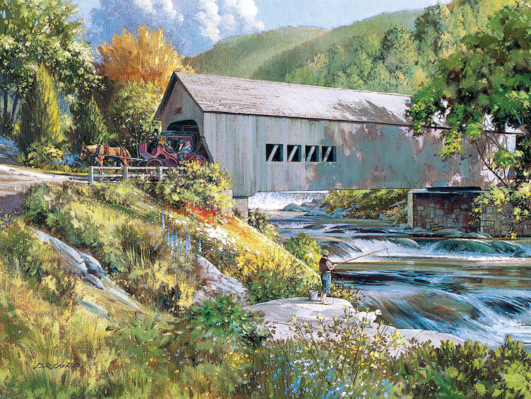 Covered wood bridge with a horse and buggy exiting over a river with a man fishing