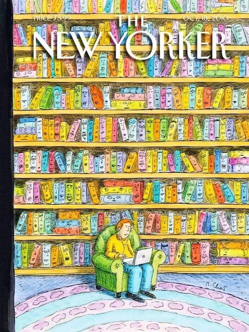 Shelves of different color books with expressions watching a man on a computer