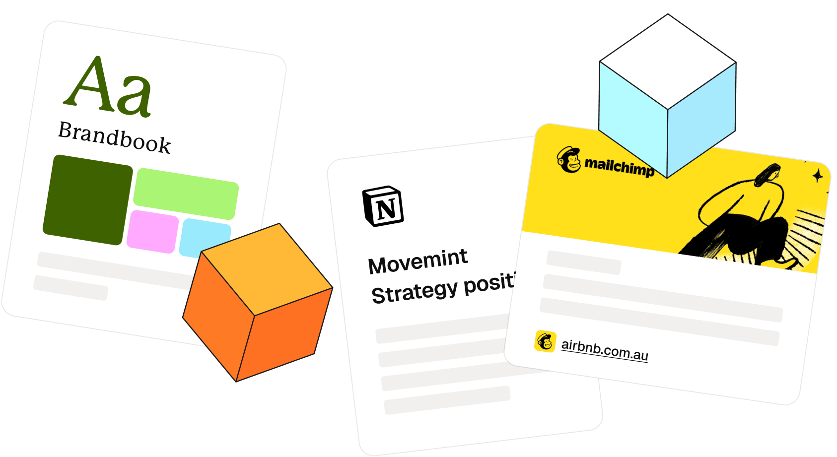 A brandbook, a strategy document and a Mailchimp reference page floating together with 3D cubes
