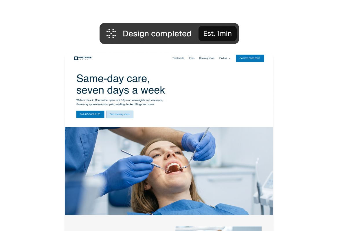 A finished dental clinic website, marked design completed in about a minute