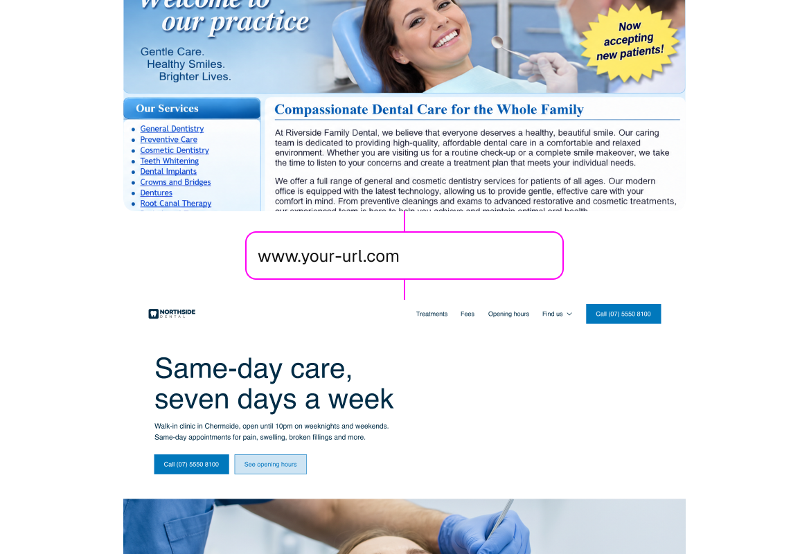 A dental clinic's existing website rebuilt with Relume, keeping its details and photos