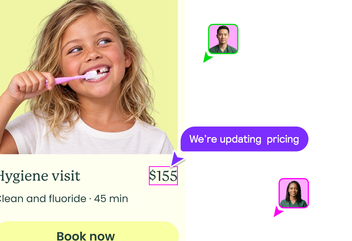 Editing a hygiene visit price on a dental website, with a note that pricing is being updated
