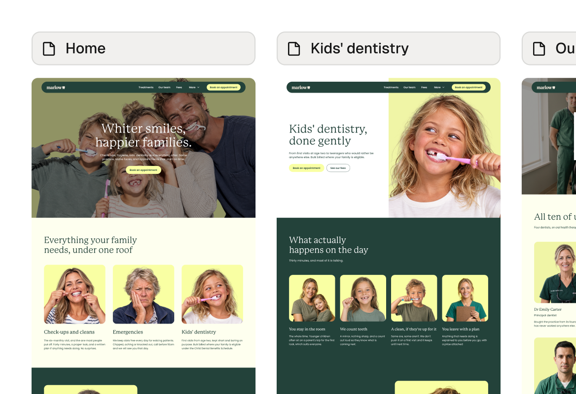 Pages of a dental website built with Relume: kids' dentistry, the team and fees