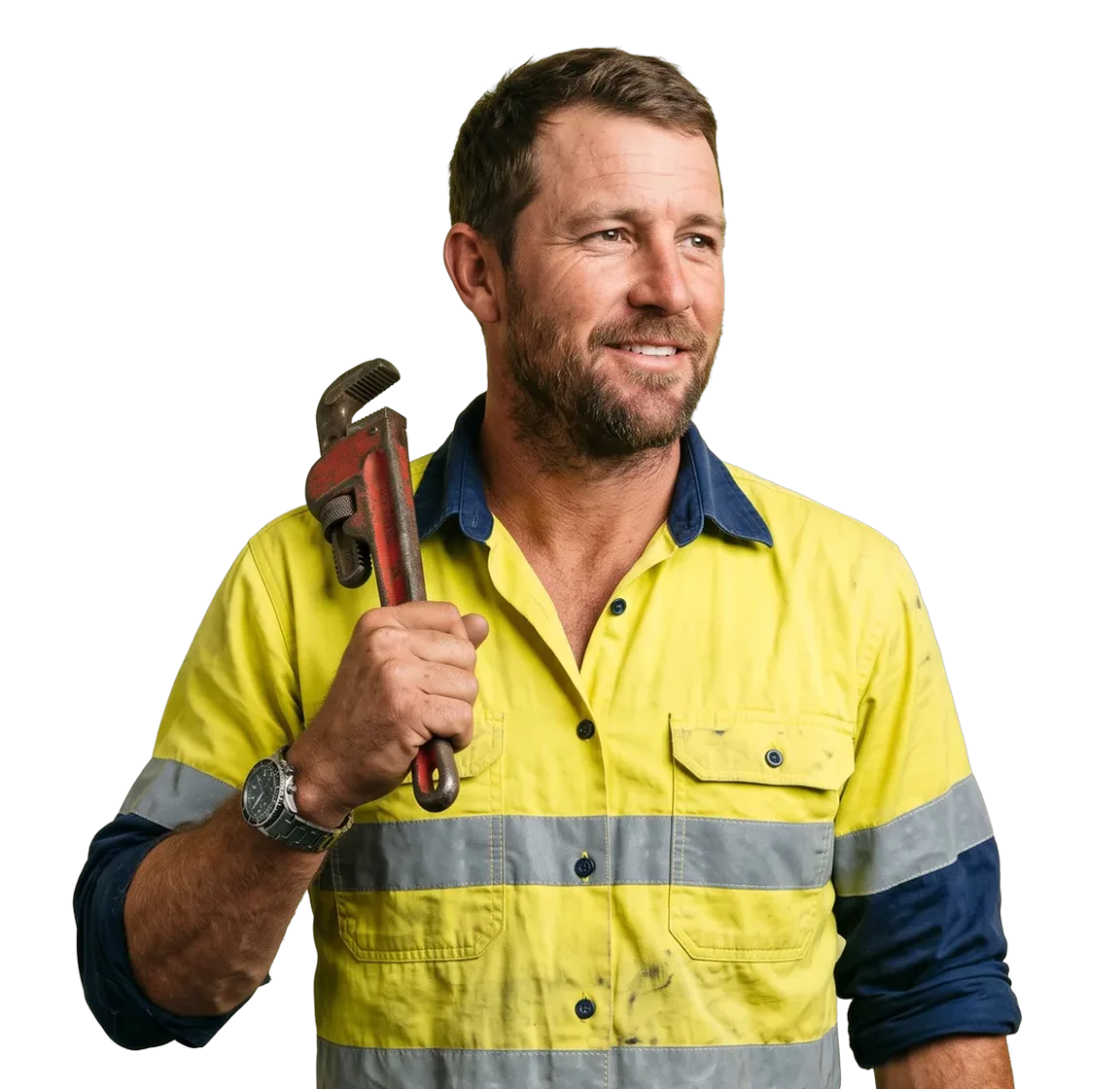 Plumber holding a pipe wrench