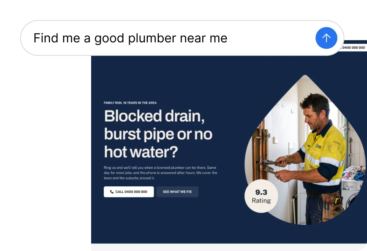 A search for a good plumber nearby, answered with a plumbing website built with Relume